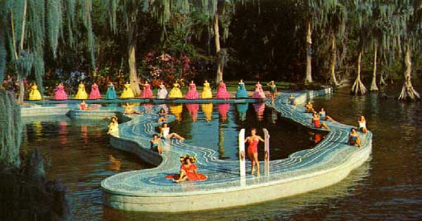 Florida shaped pool at Cypress Gardens, from the historic postcard collection of Russell Hughes.