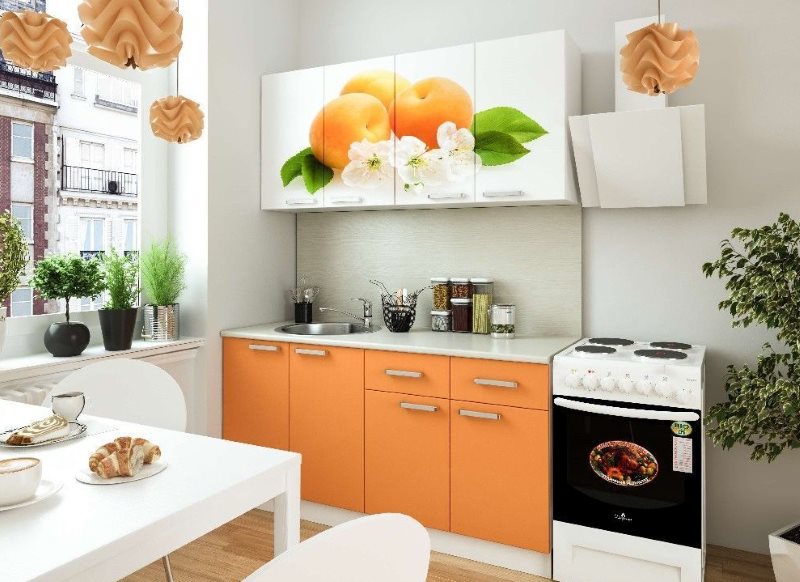 Фотопечать с персиками на фасаде кухонного гарнитура