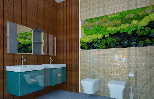 сочетание коричневого и зеленого в ванной