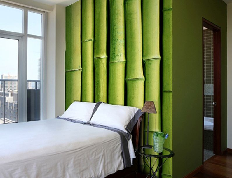 Зеленые фотообои в спальне