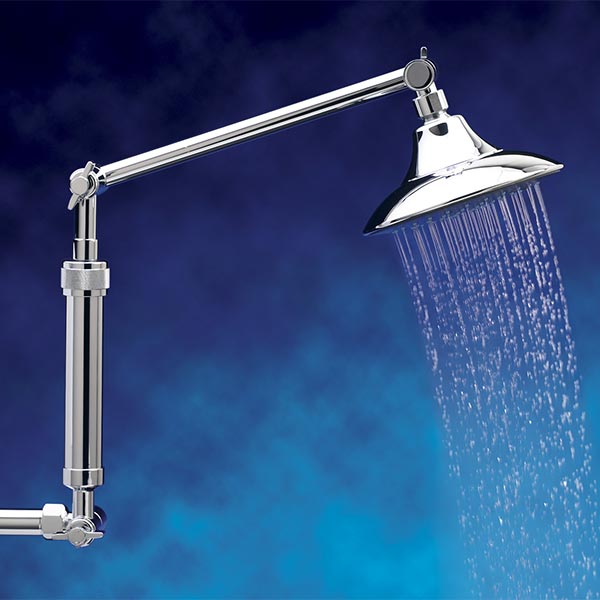 picture of the Shower Up filtered shower arm double extension with showerhead, shown in brushed nickel